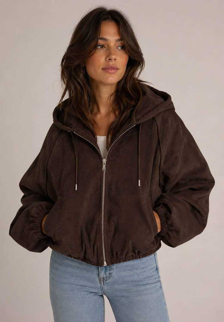 dames jas suede brown met kap