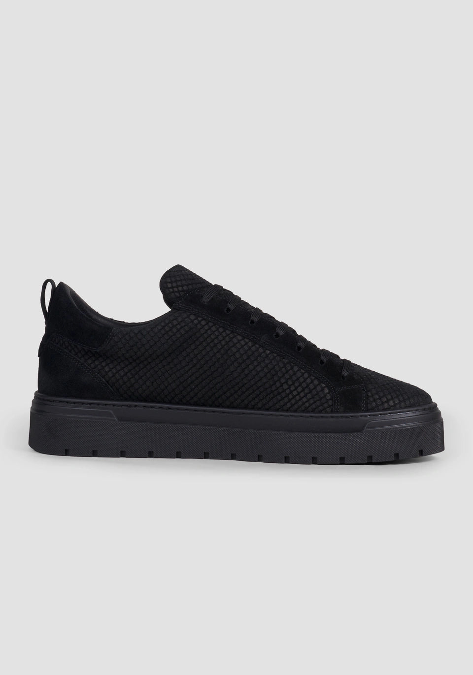"Metal Bold Animal" black sneakers in reptile-print suede with 3D logo plate and platform sole