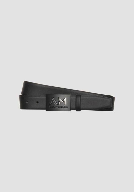 BLACK LEATHER BELT WITH MATTE LOGO TAB