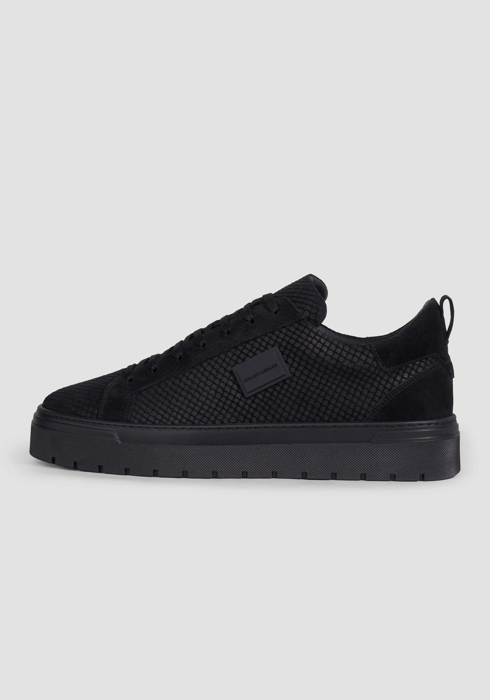 "Metal Bold Animal" black sneakers in reptile-print suede with 3D logo plate and platform sole