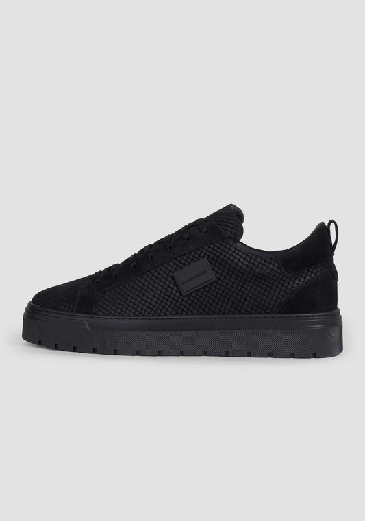 "Metal Bold Animal" black sneakers in reptile-print suede with 3D logo plate and platform sole