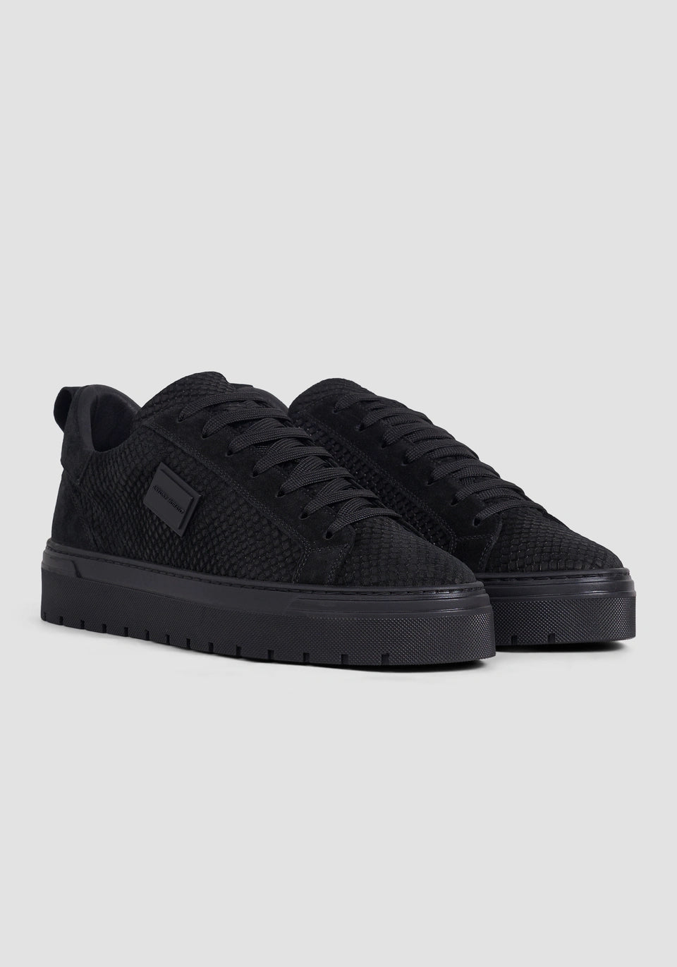 "Metal Bold Animal" black sneakers in reptile-print suede with 3D logo plate and platform sole