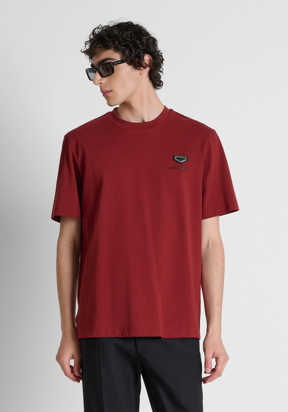 Wine relaxed-fit t-shirt in heavy cotton jersey with metal plate and print on chest