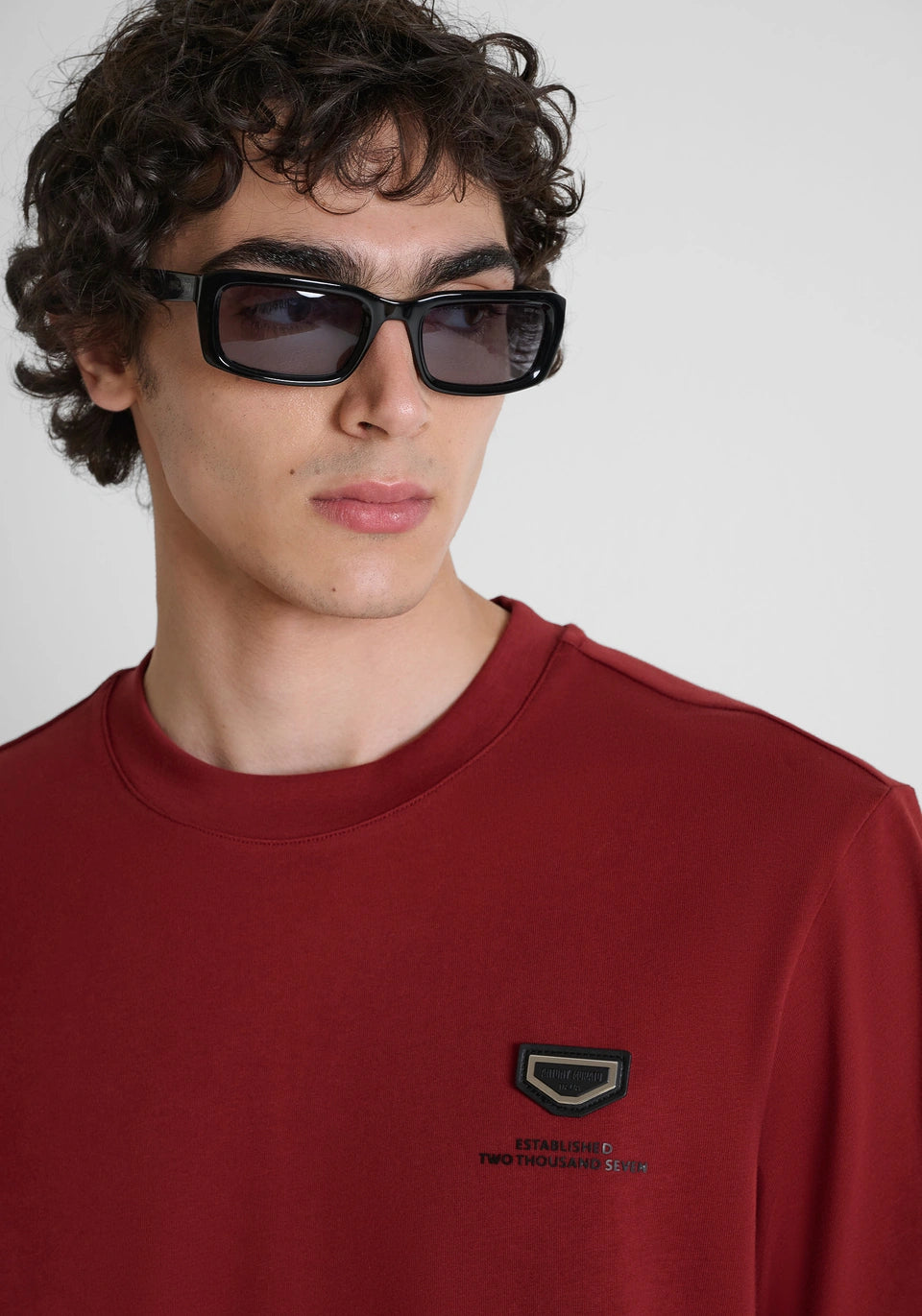 Wine relaxed-fit t-shirt in heavy cotton jersey with metal plate and print on chest