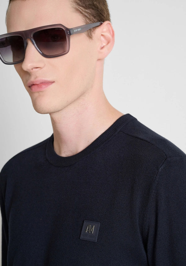 Marine slim-fit long-sleeve crew-neck sweater in super-soft viscose with metal logo on rubber patch
